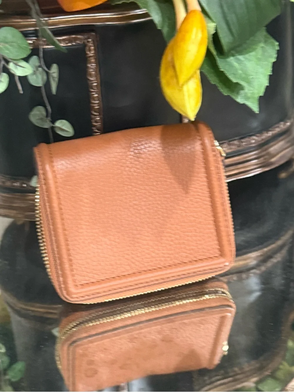 Tory Burch Pebbled Leather Mini Wallet - Cognac Brown